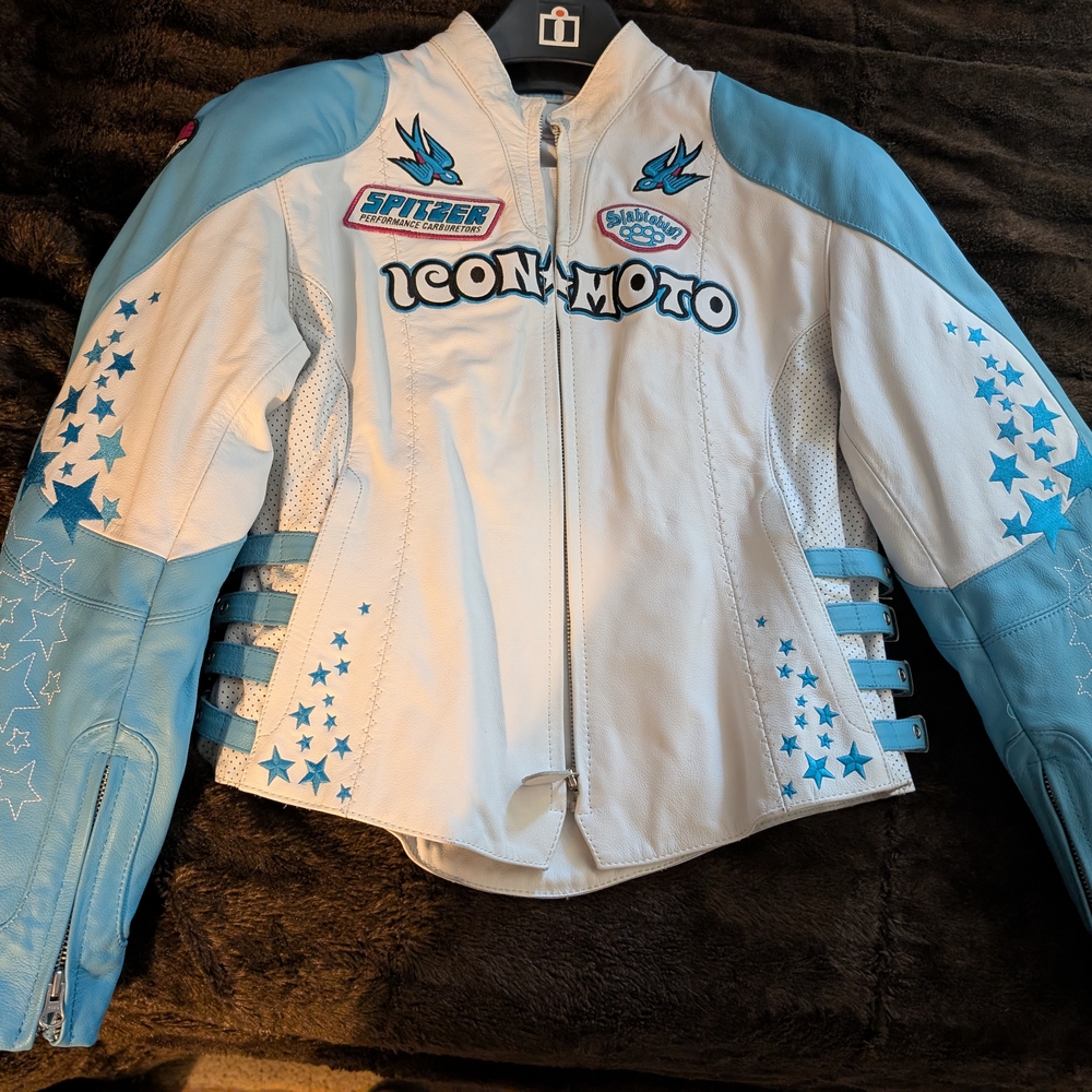 ICON Women's Blue and White Leather Jacket